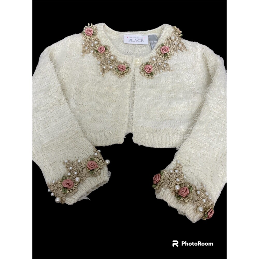 Embellished Baby Girl Bolero,12 Months, fuzzy finish, gold thread, pearls, roses